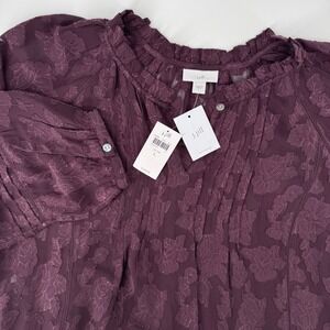 J Jill Large Dark Fig Purple Floral Burnout Blouse Long Sleev Pintuck Semi Sheer